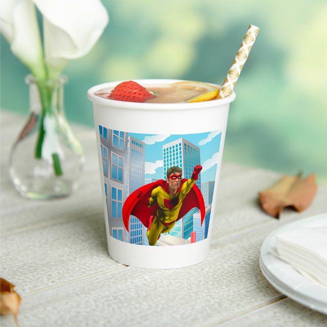 Flying Superhero Comic Style Red and Yellow Hero  Paper Cups (Creator Uploaded)