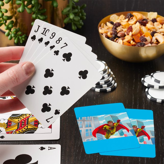 Flying Superhero Comic Style Red and Yellow Hero  Playing Cards (Creator Uploaded)