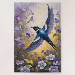 Flying Swallow Field of Violet Flowers Jigsaw Puzzle
