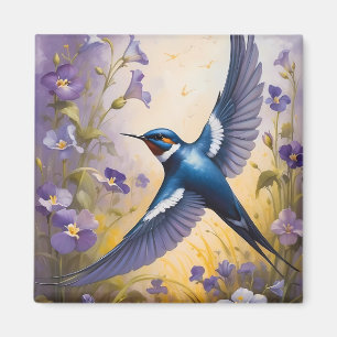 Flying Swallow Field of Violet Flowers Magnet
