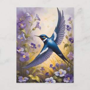 Flying Swallow Field of Violet Flowers Postcard