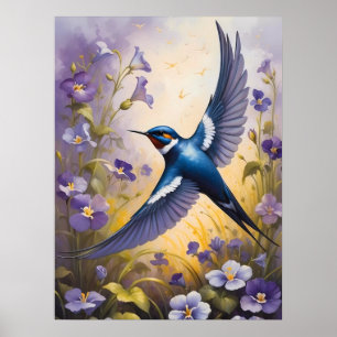 Flying Swallow Field of Violet Flowers Poster