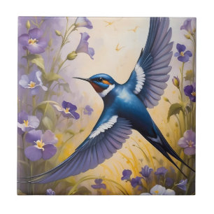 Flying Swallow Field of Violet Flowers Tile