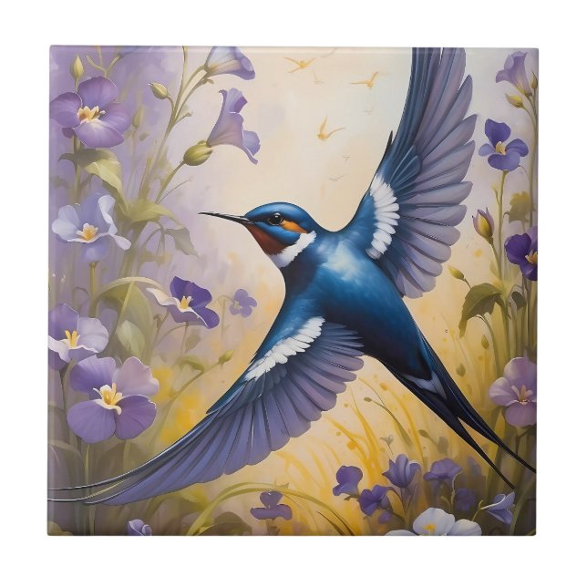 Flying Swallow Field of Violet Flowers Tile (Front)