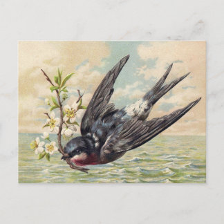 Flying swallow with flower twig postcard