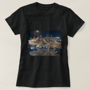 Flying Tabby Cat Night City Reflection T-Shirt