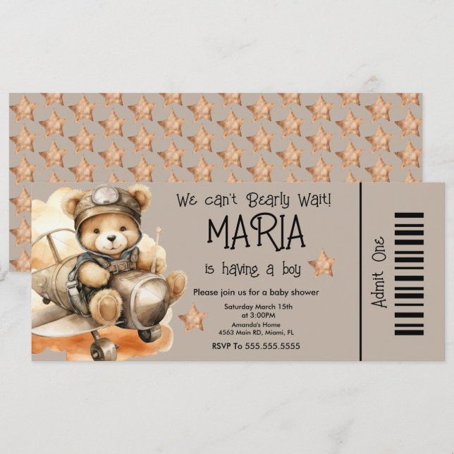 Flying Teddy Bear Baby Shower Ticket Party   Invitation (Front/Back)