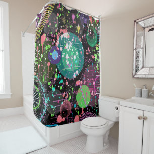 Flying Through Space: A Maximalist Abstract Shower Curtain