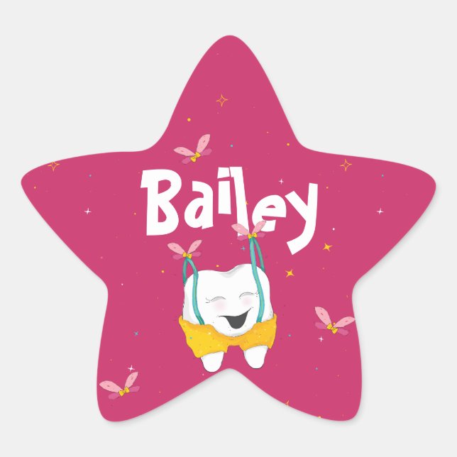 Flying Tooth Sparkly Magical Pink Star Sticker (Front)