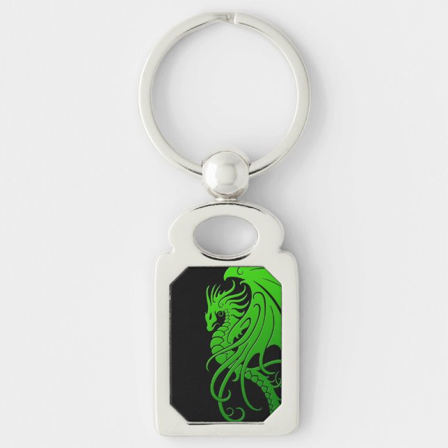Flying Tribal Dragon - Green on black Key Ring (Front)
