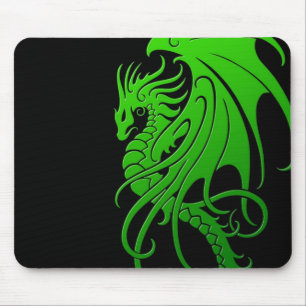 Flying Tribal Dragon - green on black Mouse Mat