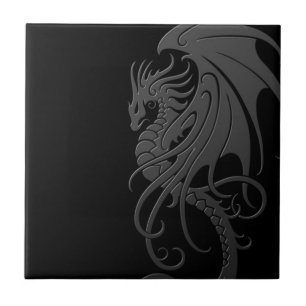 Flying Tribal Dragon - grey on black Tile