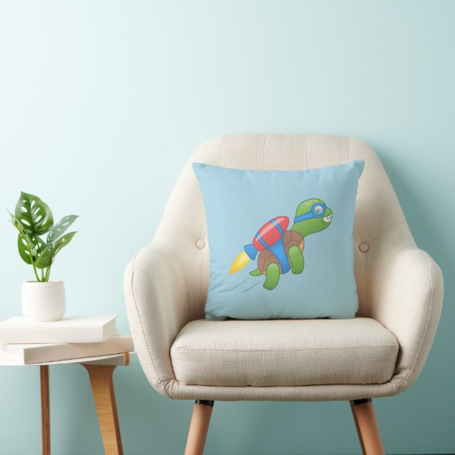 Flying Turtle with a Red Jetpack Blue Throw Pillow (Chair)