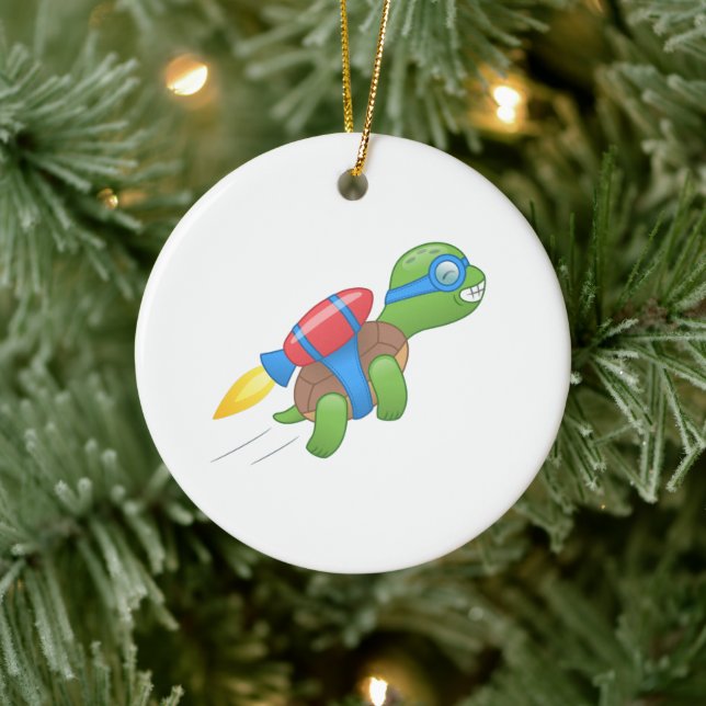 Flying Turtle with a Red Jetpack Ceramic Ornament (Tree)