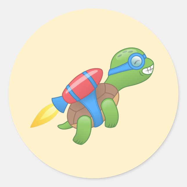 Flying Turtle with a Red Jetpack Yellow Classic Round Sticker (Front)
