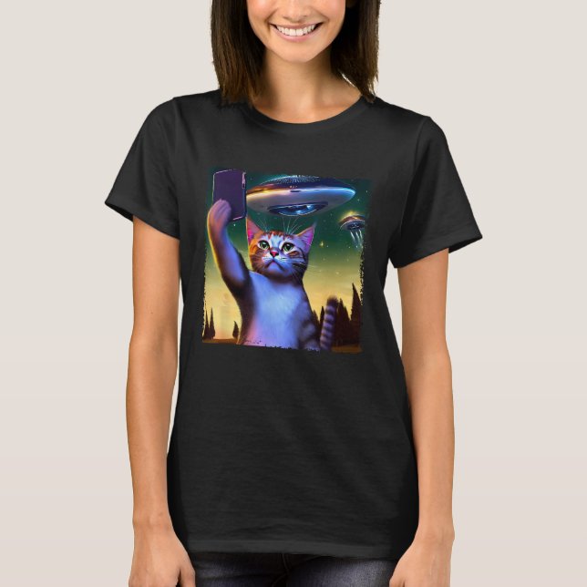 Flying Ufo Cat Selfie T-Shirt (Front)