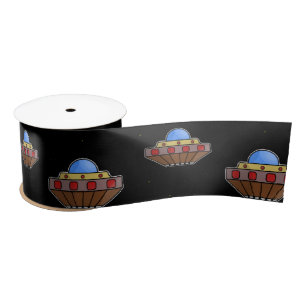 Flying ufo in space black satin ribbon