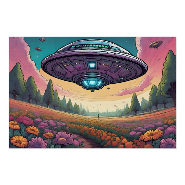 Flying UFOs Over Flower Field Landscape  Poster (Front)