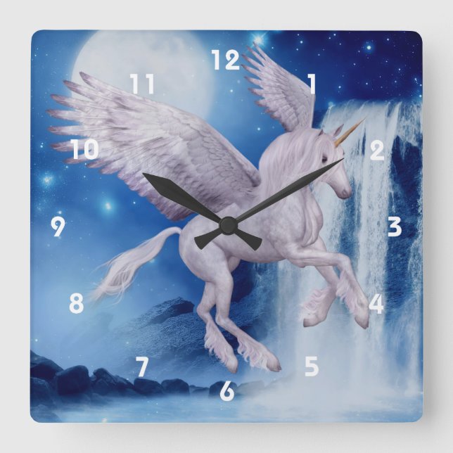Flying Unicorn And Waterfall Fantasy Art Square Wall Clock (Front)