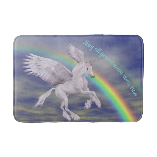 Flying Unicorn Over Rainbow Dreams Fantasy Horse  Bath Mat (Front)