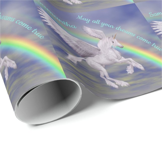 Flying Unicorn Over Rainbow Dreams Personalised Wrapping Paper (Roll Corner)