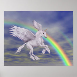 Flying Unicorn Over Rainbow Fantasy Horse Poster