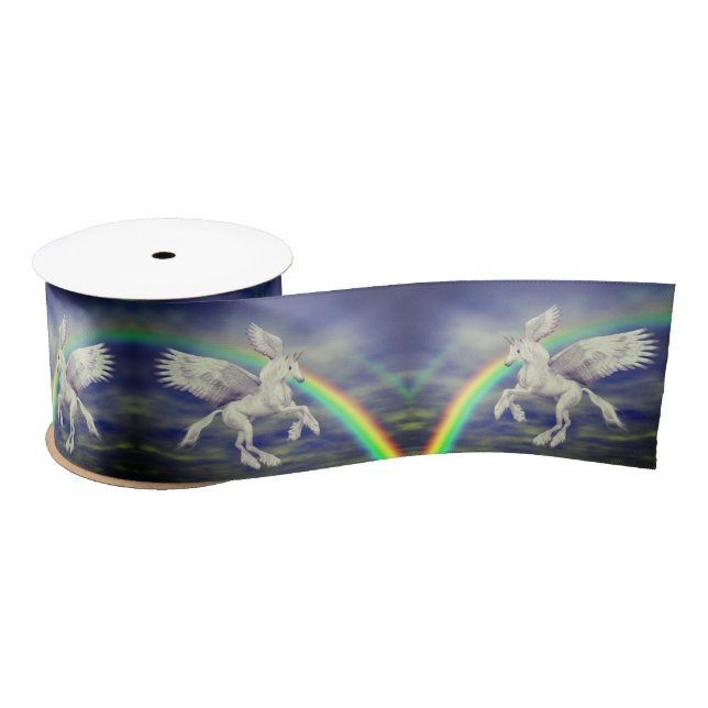 Flying Unicorn Over Rainbow Fantasy Horse Satin Ribbon (Spool)