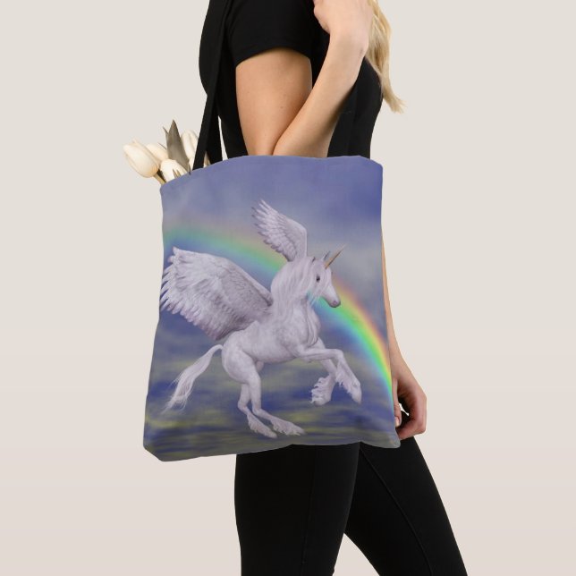 Flying Unicorn Over Rainbow Fantasy Horse  Tote Bag (Close Up)