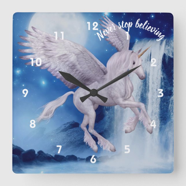 Flying Unicorn Waterfall Believe Inspirational   Square Wall Clock (Front)