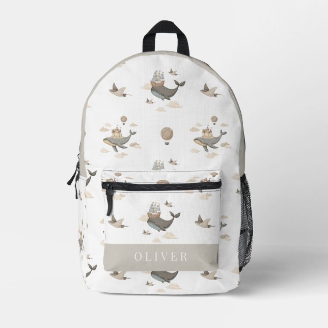 Flying Whale & Stingray Hot Air Balloon Beige Printed Backpack (Front)