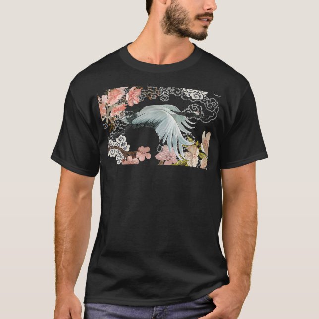 flying white Sandhill Crane Bird Japanese style ar T-Shirt (Front)