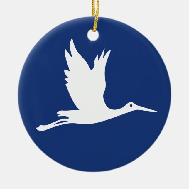 Flying white stork ceramic tree decoration (Front)