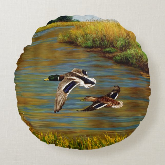Flying Wild Ducks Charcoal Grey Round Cushion (Front)