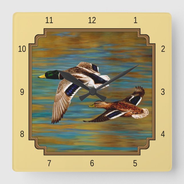 Flying Wild Ducks Yellow Square Wall Clock (Front)