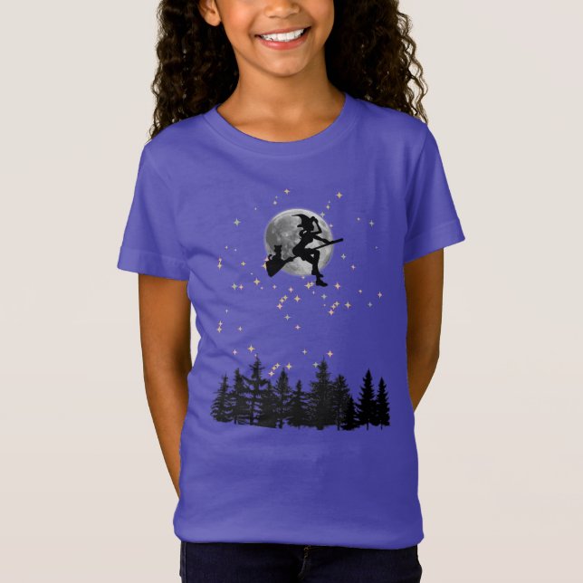 Flying Witch Above Forest on a Full Moon Night T-Shirt (Front)