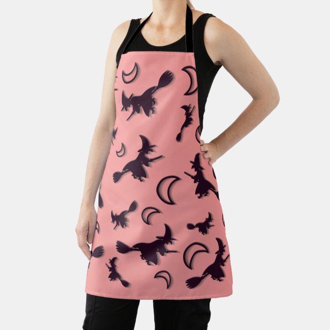Flying witch among half moon at Halloween night 3D Apron (Insitu)