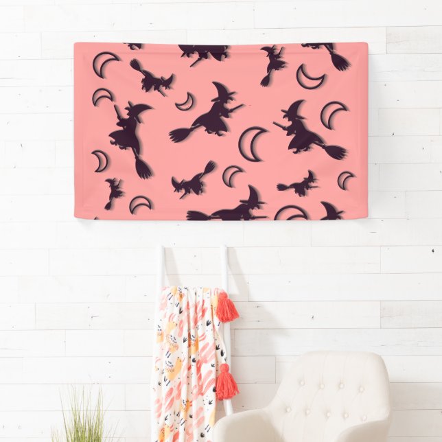 Flying witch among half moon at Halloween night 3D Banner (Insitu)