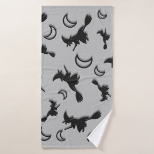 Flying witch among half moon at Halloween night 3D Bath Towel