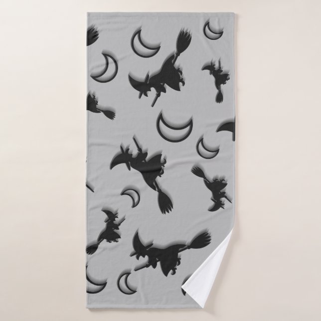 Flying witch among half moon at Halloween night 3D Bath Towel (Bath Towel)