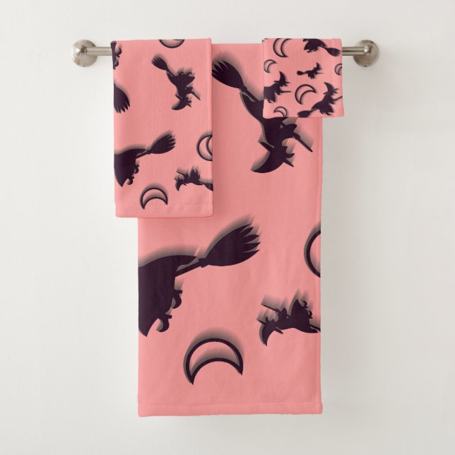 Flying witch among half moon at Halloween night 3D Bath Towel Set (Insitu)