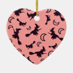 Flying witch among half moon at Halloween night 3D Ceramic Tree Decoration