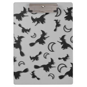Flying witch among half moon at Halloween night 3D Clipboard