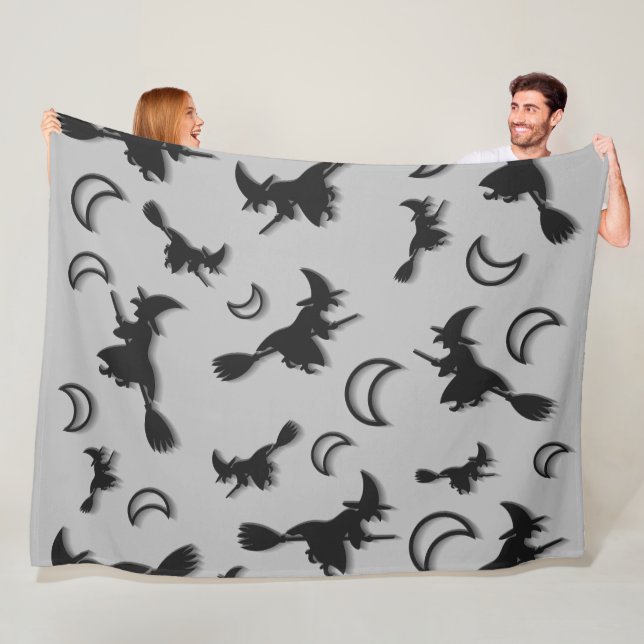 Flying witch among half moon at Halloween night 3D Fleece Blanket (In Situ)