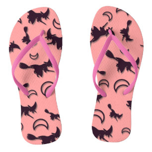 Flying witch among half moon at Halloween night 3D Flip Flops