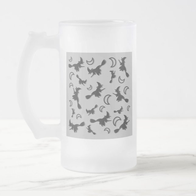 Flying witch among half moon at Halloween night 3D Frosted Glass Beer Mug (Left)