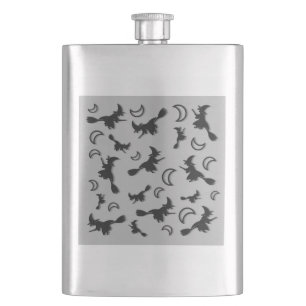 Flying witch among half moon at Halloween night 3D Hip Flask