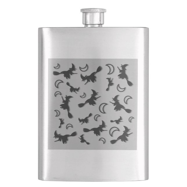 Flying witch among half moon at Halloween night 3D Hip Flask (Front)