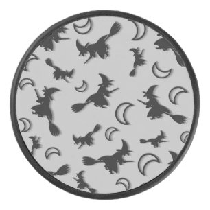 Flying witch among half moon at Halloween night 3D Hockey Puck
