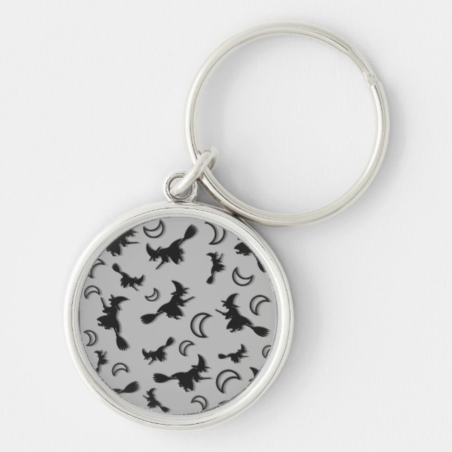 Flying witch among half moon at Halloween night 3D Key Ring (Front)