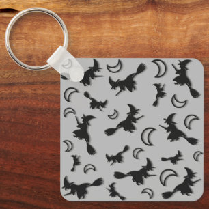 Flying witch among half moon at Halloween night 3D Key Ring